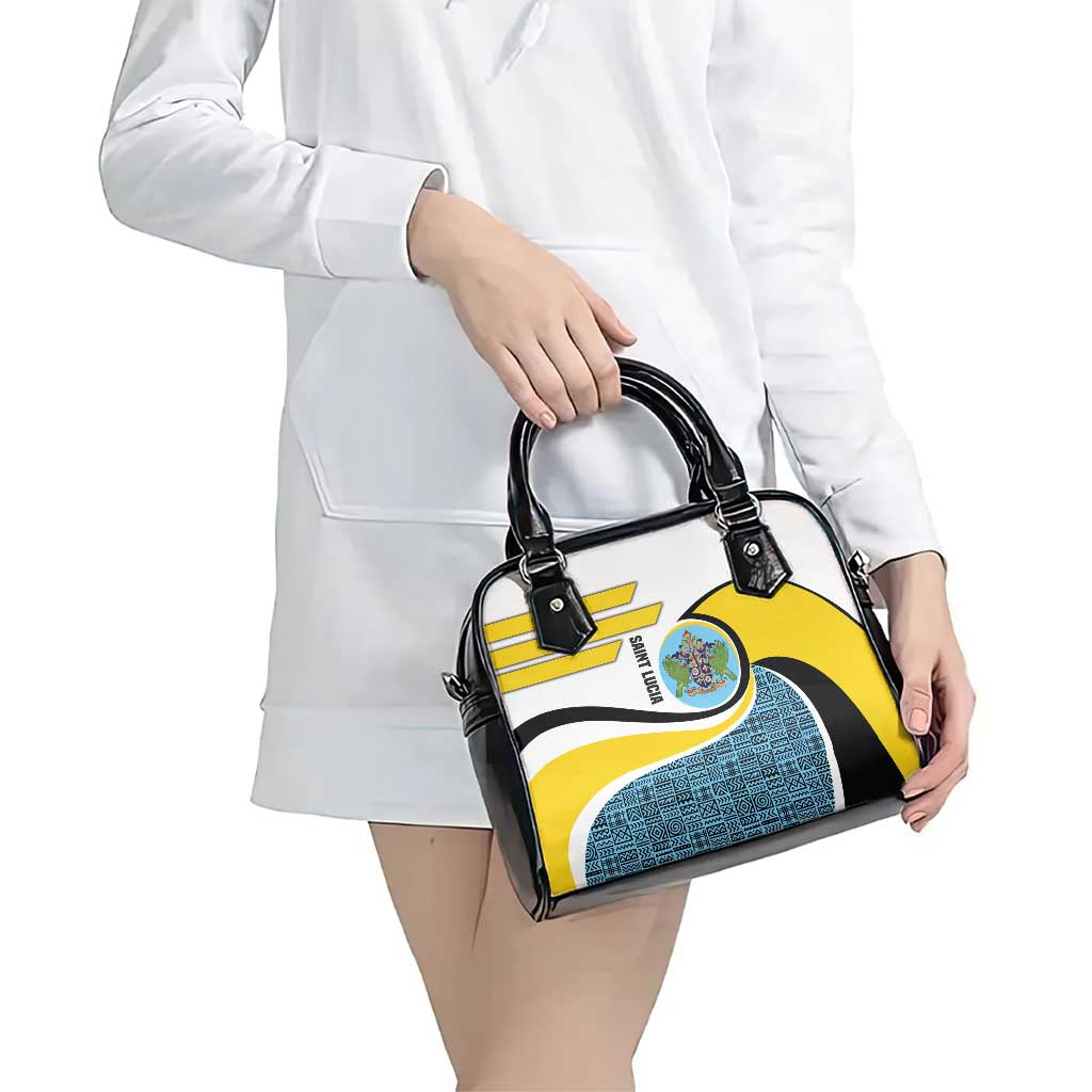 Saint Lucia Modern Tribal Crest Design Shoulder Handbag with Flag Colors and Bold Text Layout TS04