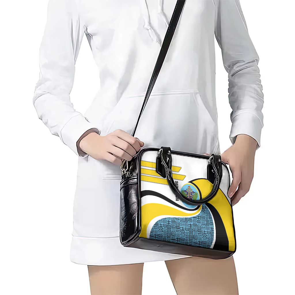 Saint Lucia Modern Tribal Crest Design Shoulder Handbag with Flag Colors and Bold Text Layout TS04