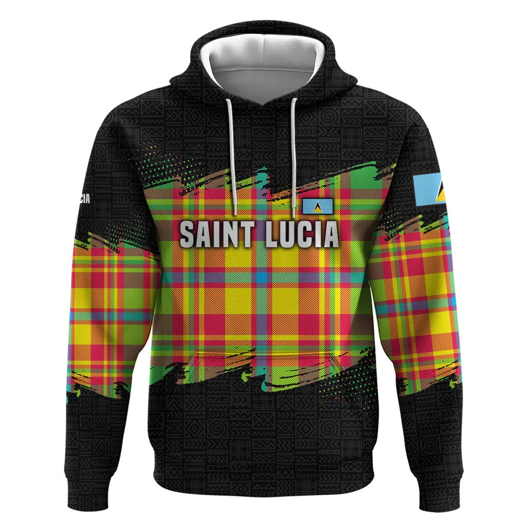 Saint Lucia Parrot Hoodie with Madras Pattern and Cultural Black Motif Design TS04