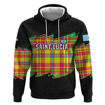 Saint Lucia Parrot Hoodie with Madras Pattern and Cultural Black Motif Design TS04