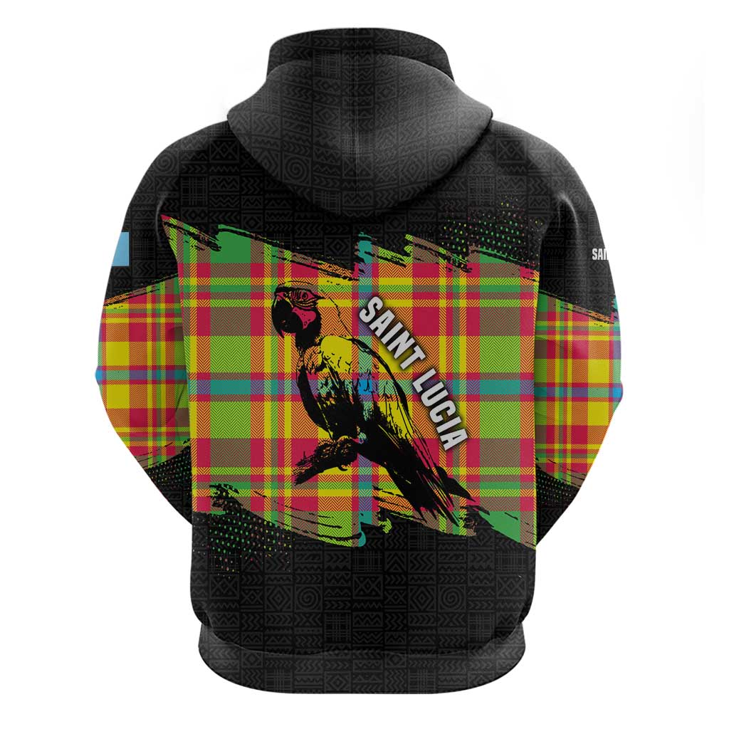 Saint Lucia Parrot Hoodie with Madras Pattern and Cultural Black Motif Design TS04