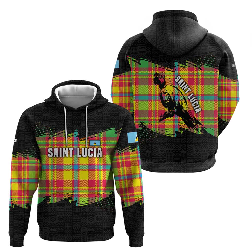 Saint Lucia Parrot Hoodie with Madras Pattern and Cultural Black Motif Design TS04