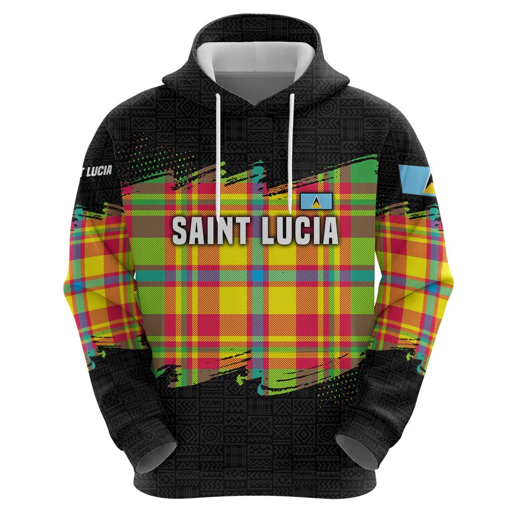 Saint Lucia Parrot Hoodie with Madras Pattern and Cultural Black Motif Design TS04