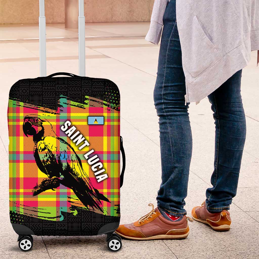 Saint Lucia Parrot Luggage Cover with Madras Pattern and Cultural Black Motif Design TS04