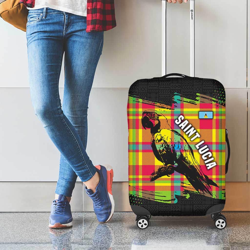 Saint Lucia Parrot Luggage Cover with Madras Pattern and Cultural Black Motif Design TS04