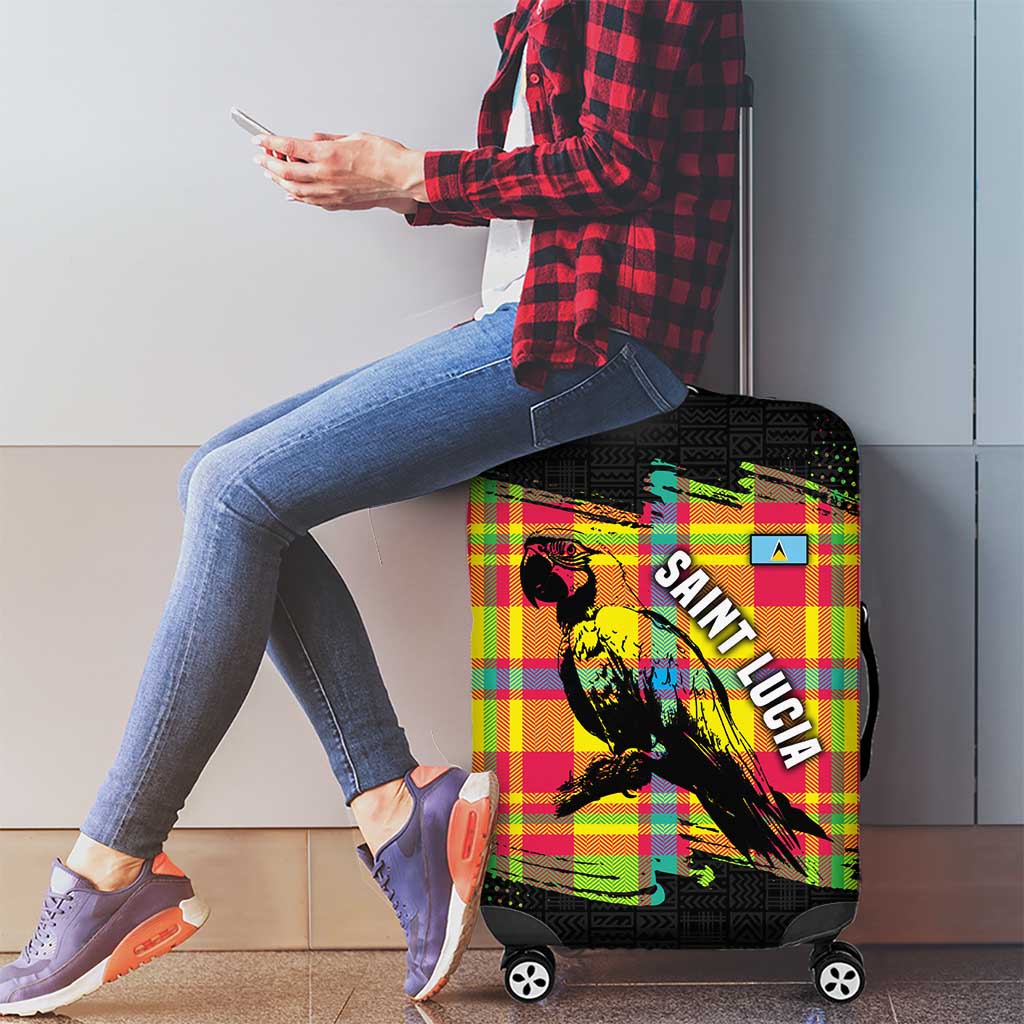 Saint Lucia Parrot Luggage Cover with Madras Pattern and Cultural Black Motif Design TS04