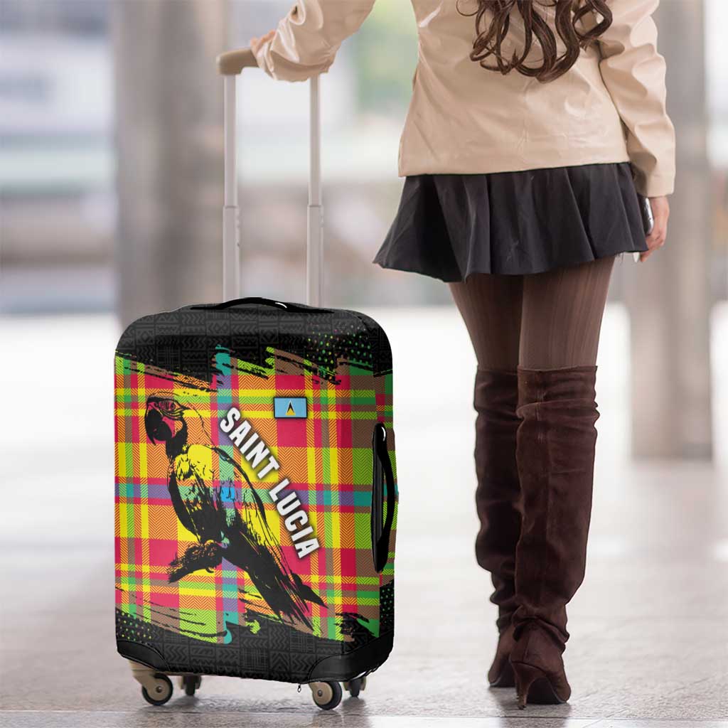 Saint Lucia Parrot Luggage Cover with Madras Pattern and Cultural Black Motif Design TS04