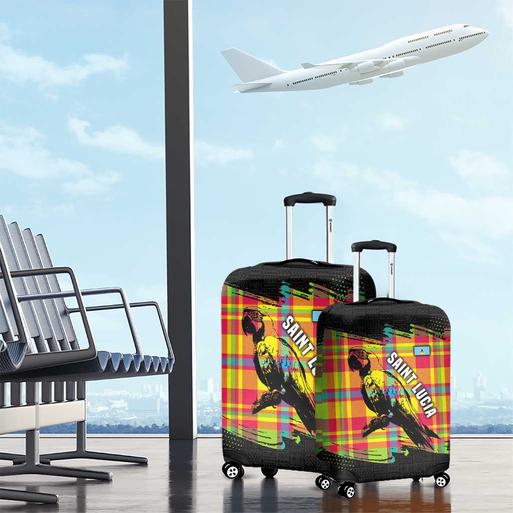 Saint Lucia Parrot Luggage Cover with Madras Pattern and Cultural Black Motif Design TS04