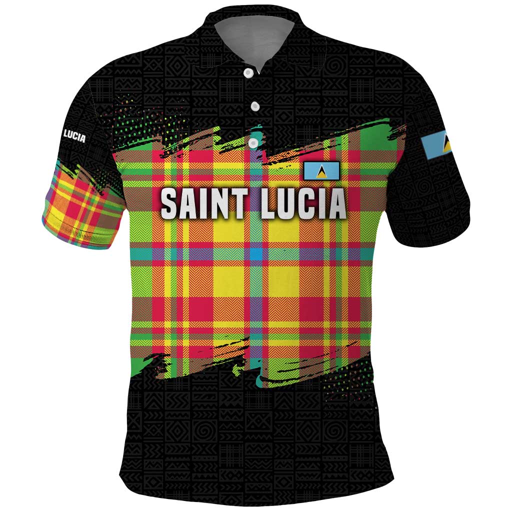 Saint Lucia Parrot Polo Shirt with Madras Pattern and Cultural Black Motif Design TS04