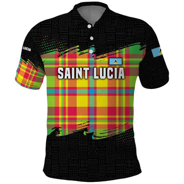 Saint Lucia Parrot Polo Shirt with Madras Pattern and Cultural Black Motif Design TS04