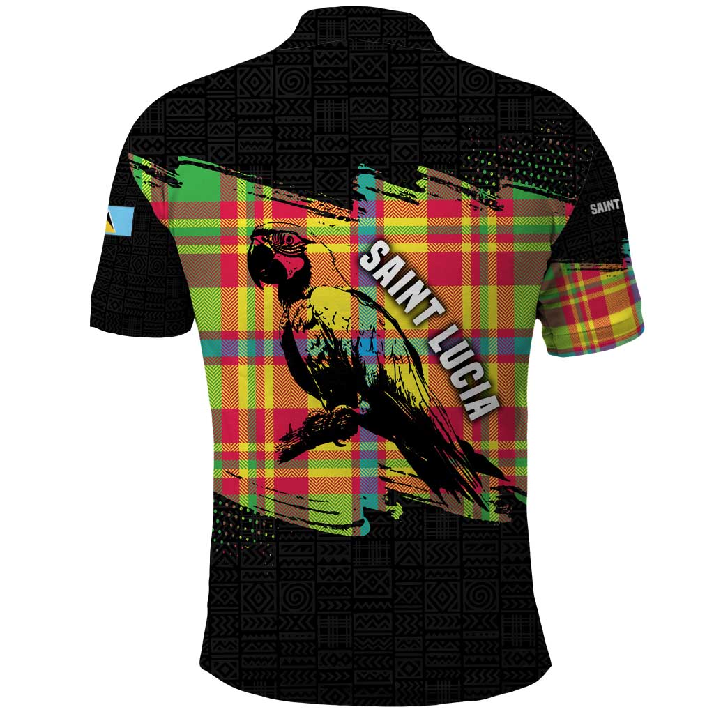 Saint Lucia Parrot Polo Shirt with Madras Pattern and Cultural Black Motif Design TS04