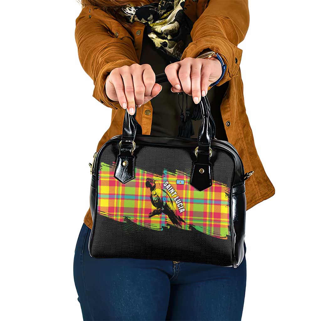 Saint Lucia Parrot Shoulder Handbag with Madras Pattern and Cultural Black Motif Design TS04