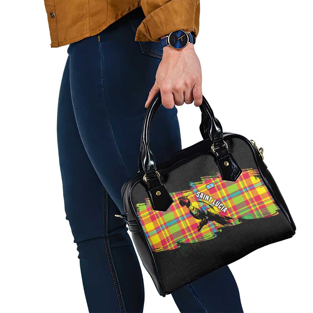 Saint Lucia Parrot Shoulder Handbag with Madras Pattern and Cultural Black Motif Design TS04