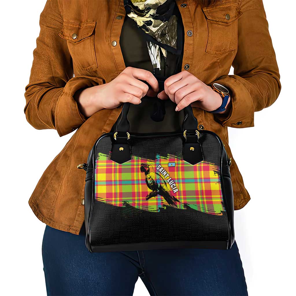Saint Lucia Parrot Shoulder Handbag with Madras Pattern and Cultural Black Motif Design TS04