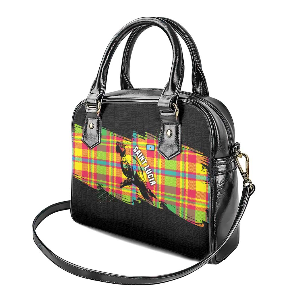 Saint Lucia Parrot Shoulder Handbag with Madras Pattern and Cultural Black Motif Design TS04