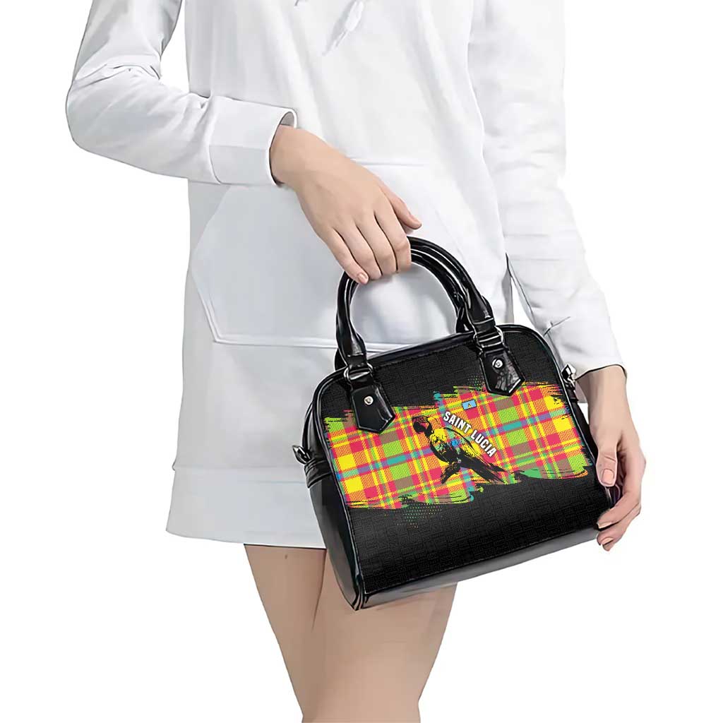 Saint Lucia Parrot Shoulder Handbag with Madras Pattern and Cultural Black Motif Design TS04