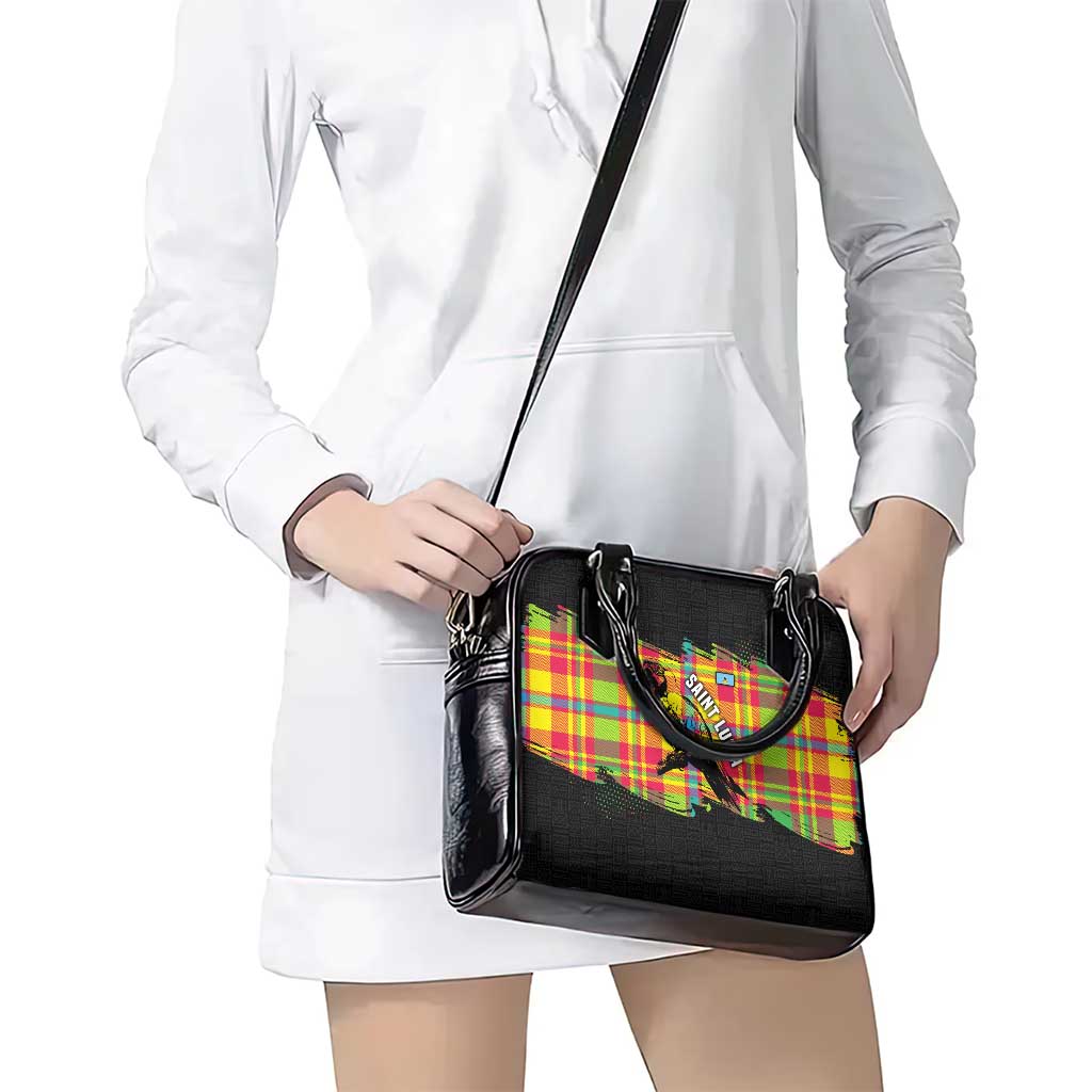 Saint Lucia Parrot Shoulder Handbag with Madras Pattern and Cultural Black Motif Design TS04
