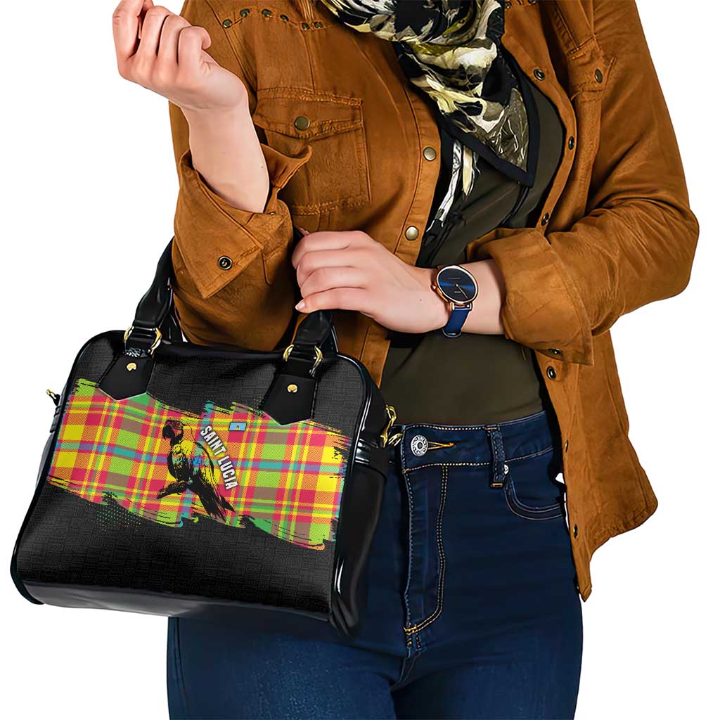 Saint Lucia Parrot Shoulder Handbag with Madras Pattern and Cultural Black Motif Design TS04