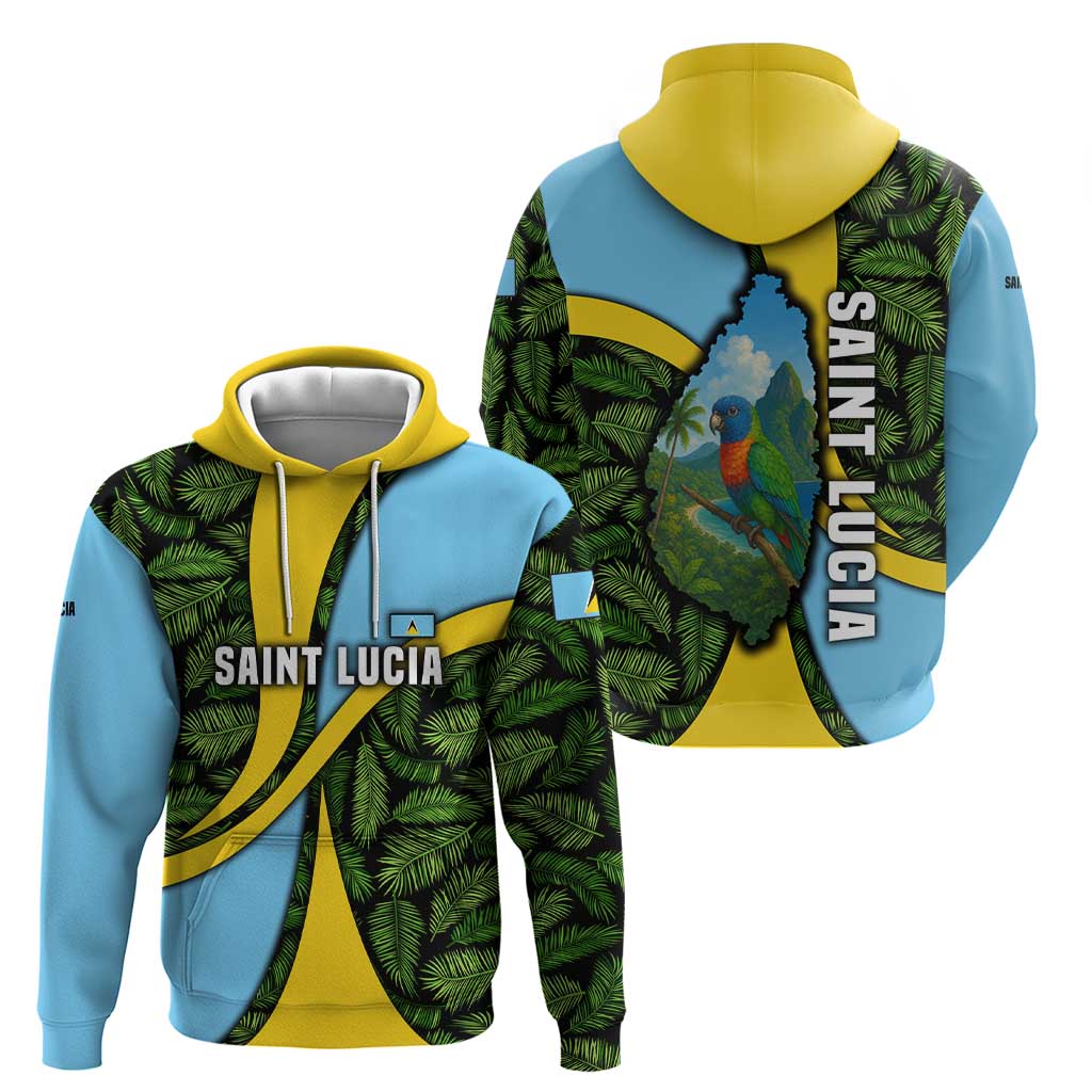 Saint Lucia Parrot Hoodie with Tropical Palm Leaf and Flag Color Wave Design TS04