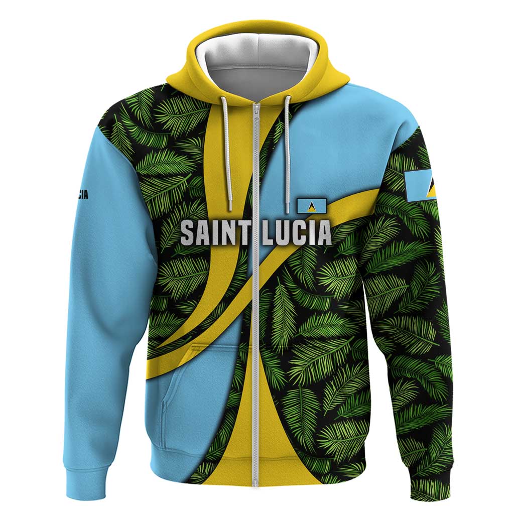 Saint Lucia Parrot Hoodie with Tropical Palm Leaf and Flag Color Wave Design TS04
