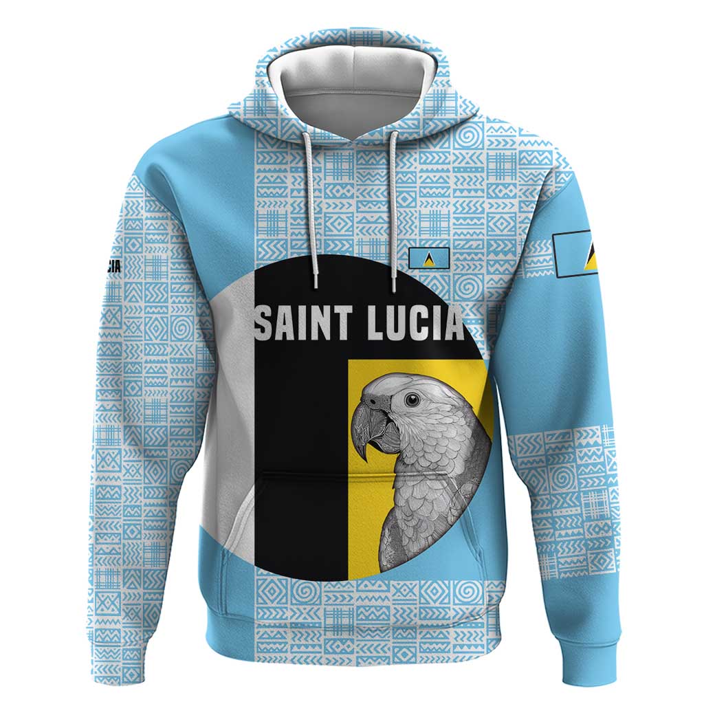 Saint Lucia Graphic Parrot Hoodie with Tribal Pattern and Minimalist Blue Black Design TS04
