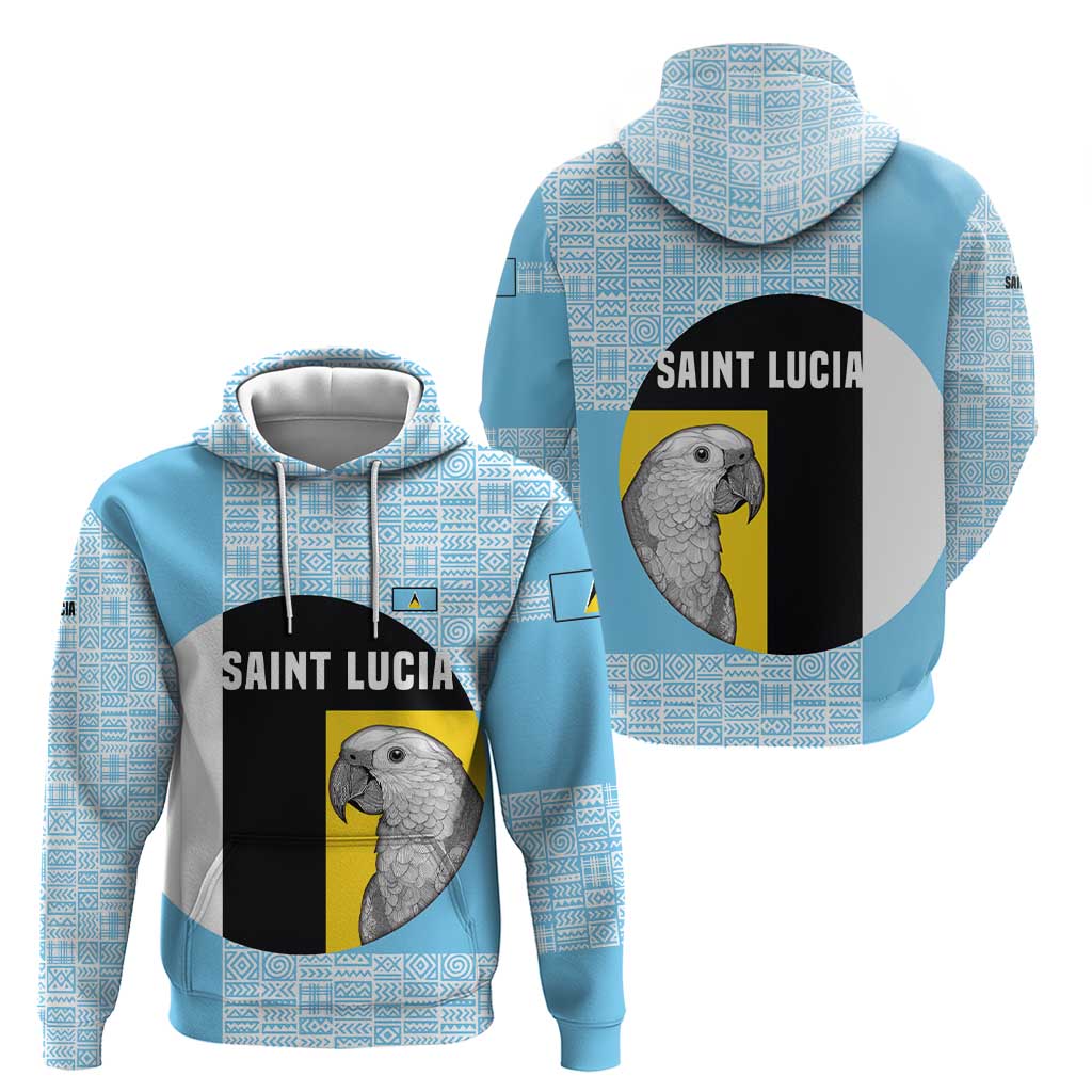 Saint Lucia Graphic Parrot Hoodie with Tribal Pattern and Minimalist Blue Black Design TS04