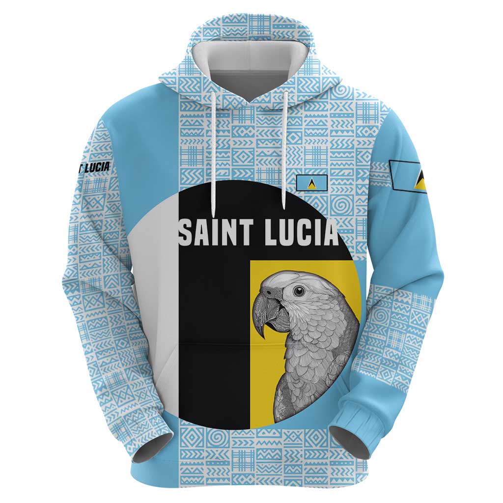 Saint Lucia Graphic Parrot Hoodie with Tribal Pattern and Minimalist Blue Black Design TS04