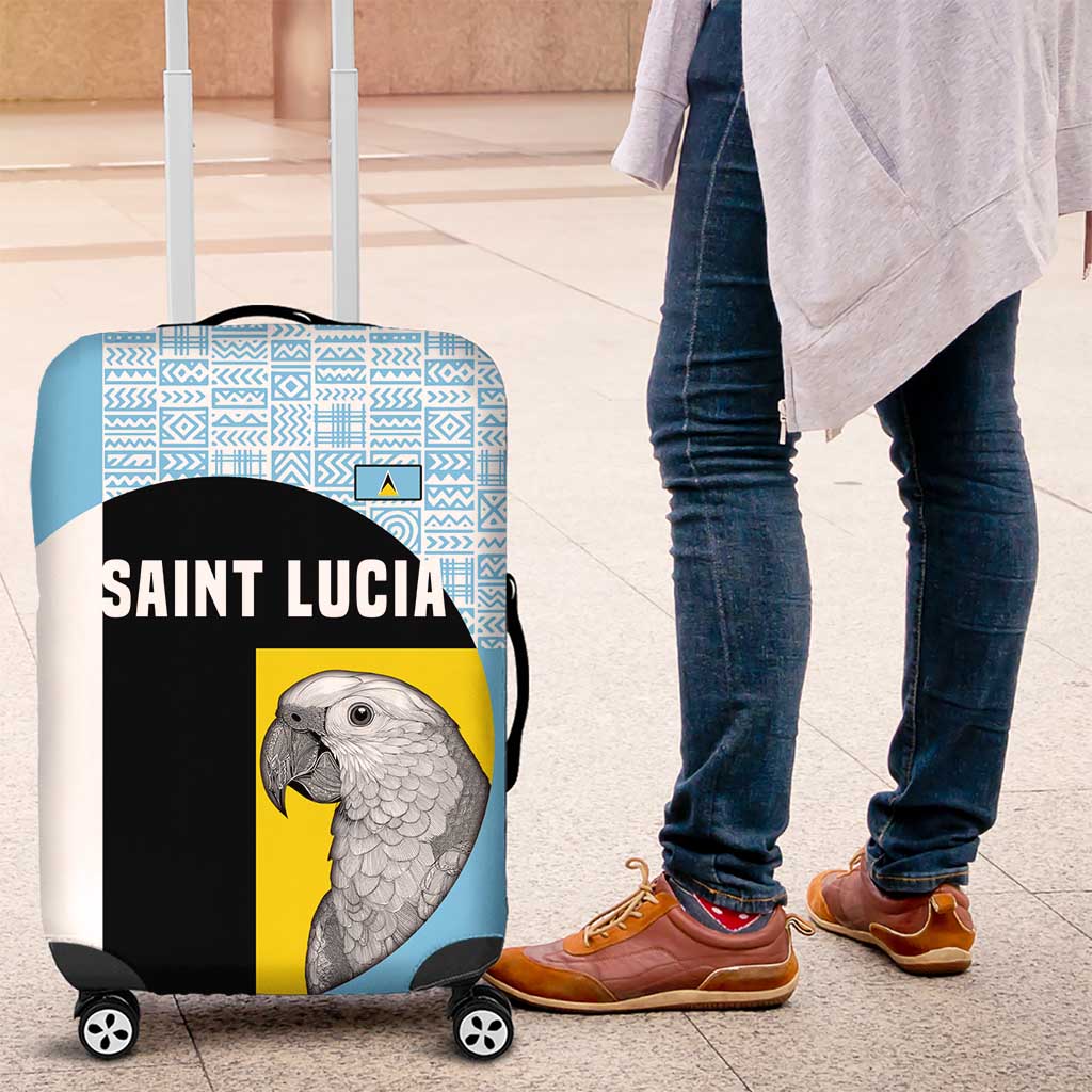 Saint Lucia Graphic Parrot Luggage Cover with Tribal Pattern and Minimalist Blue Black Design TS04