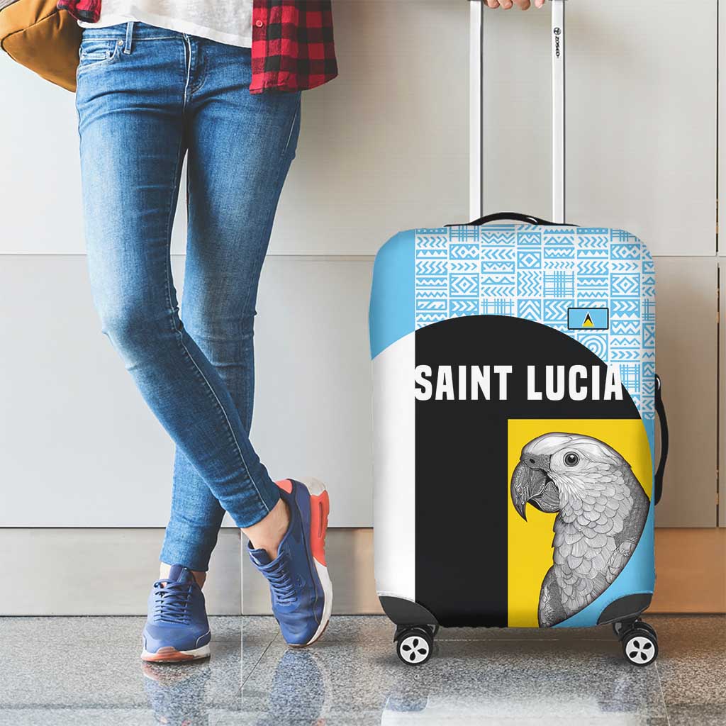 Saint Lucia Graphic Parrot Luggage Cover with Tribal Pattern and Minimalist Blue Black Design TS04