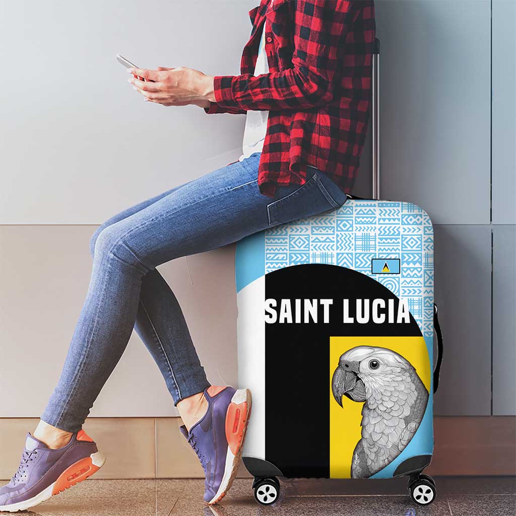 Saint Lucia Graphic Parrot Luggage Cover with Tribal Pattern and Minimalist Blue Black Design TS04