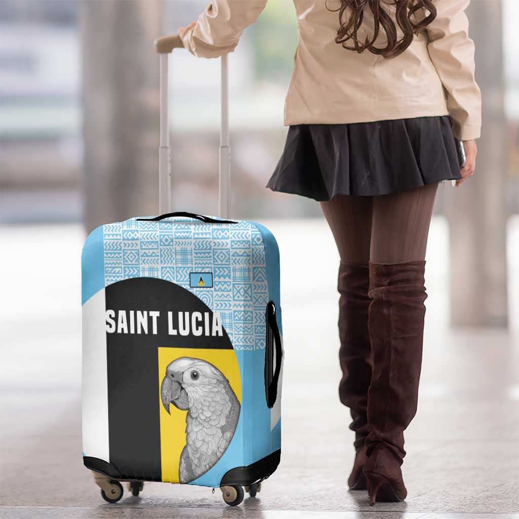Saint Lucia Graphic Parrot Luggage Cover with Tribal Pattern and Minimalist Blue Black Design TS04
