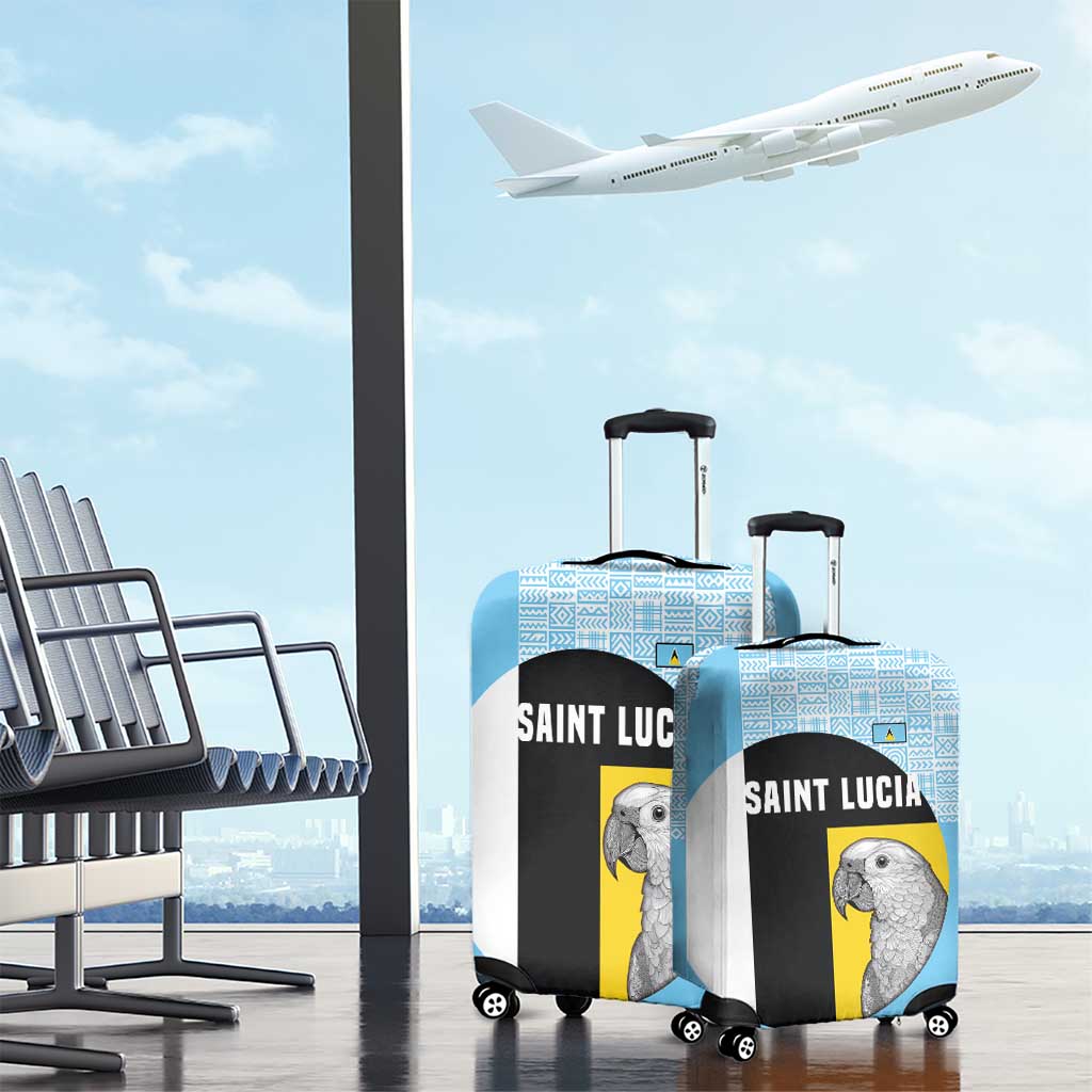 Saint Lucia Graphic Parrot Luggage Cover with Tribal Pattern and Minimalist Blue Black Design TS04