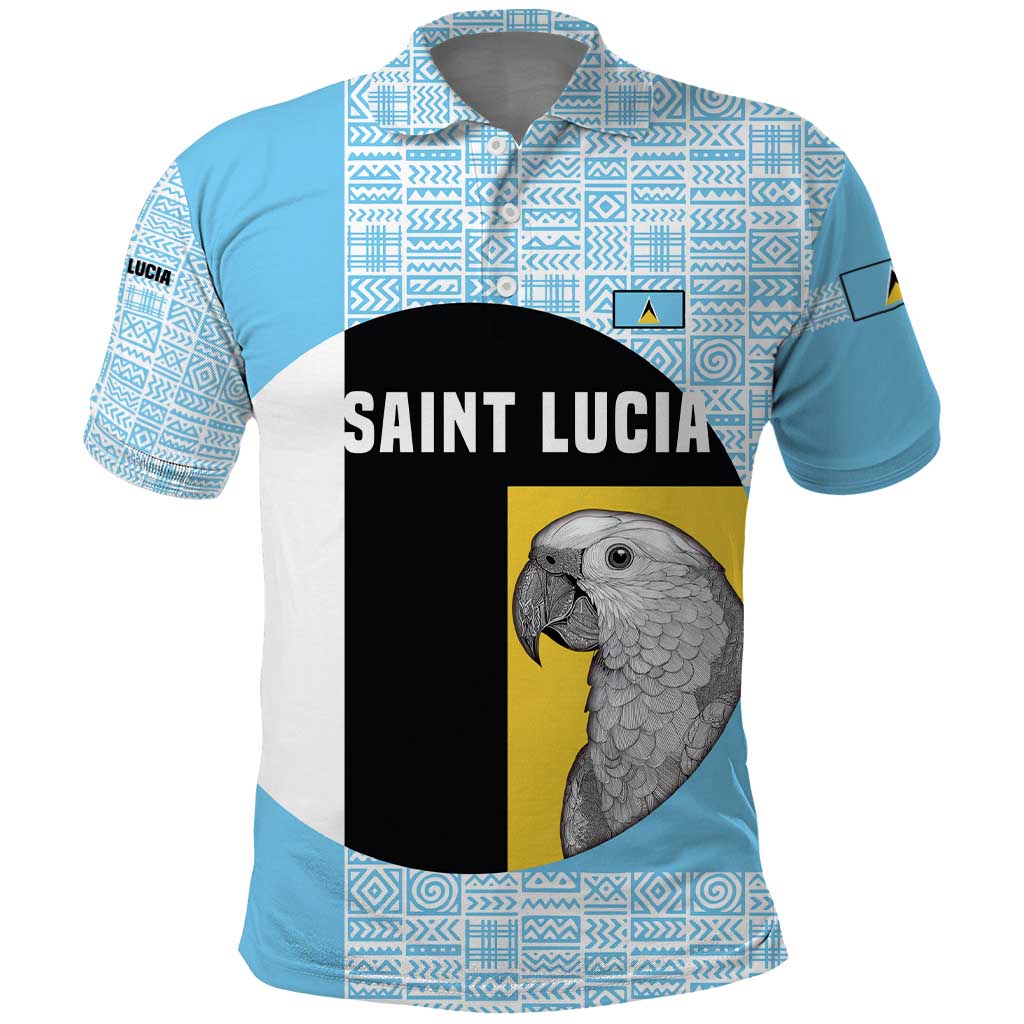 Saint Lucia Graphic Parrot Polo Shirt with Tribal Pattern and Minimalist Blue Black Design TS04
