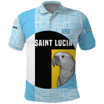 Saint Lucia Graphic Parrot Polo Shirt with Tribal Pattern and Minimalist Blue Black Design TS04
