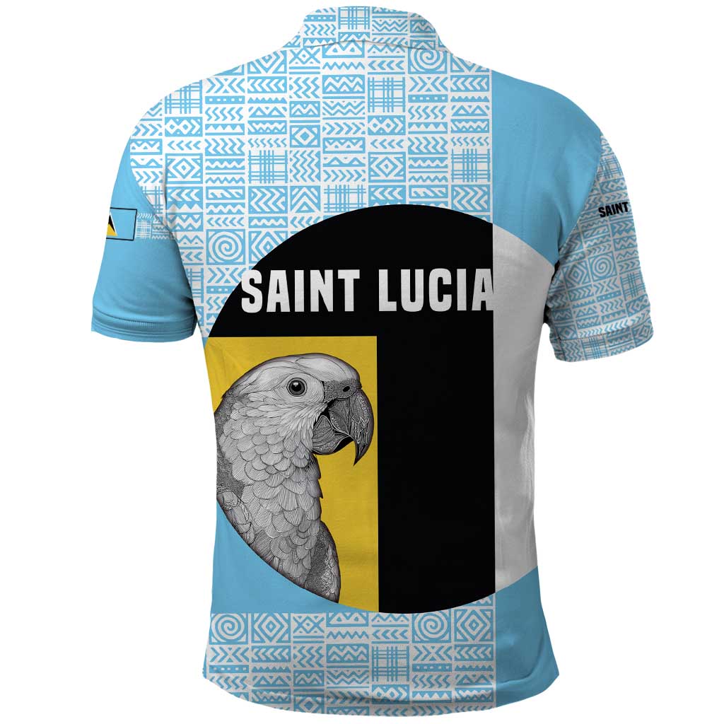 Saint Lucia Graphic Parrot Polo Shirt with Tribal Pattern and Minimalist Blue Black Design TS04