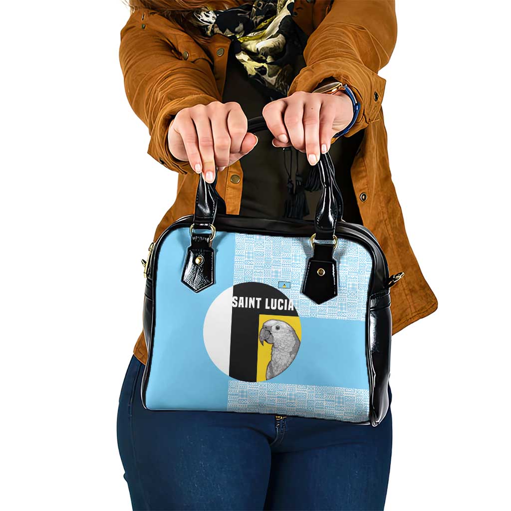 Saint Lucia Graphic Parrot Shoulder Handbag with Tribal Pattern and Minimalist Blue Black Design TS04