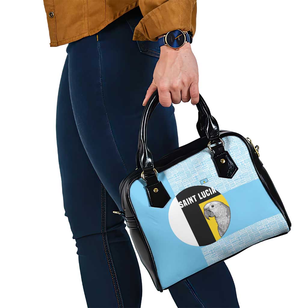 Saint Lucia Graphic Parrot Shoulder Handbag with Tribal Pattern and Minimalist Blue Black Design TS04