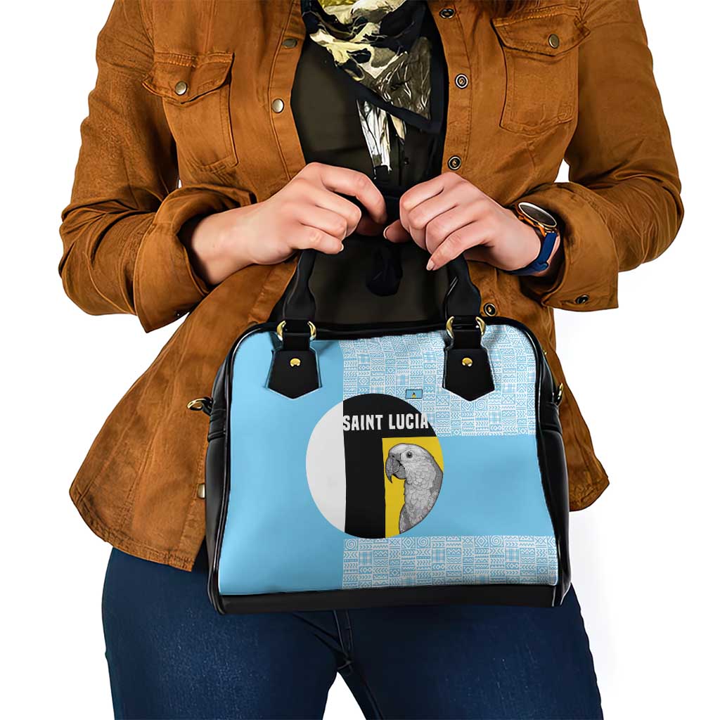 Saint Lucia Graphic Parrot Shoulder Handbag with Tribal Pattern and Minimalist Blue Black Design TS04
