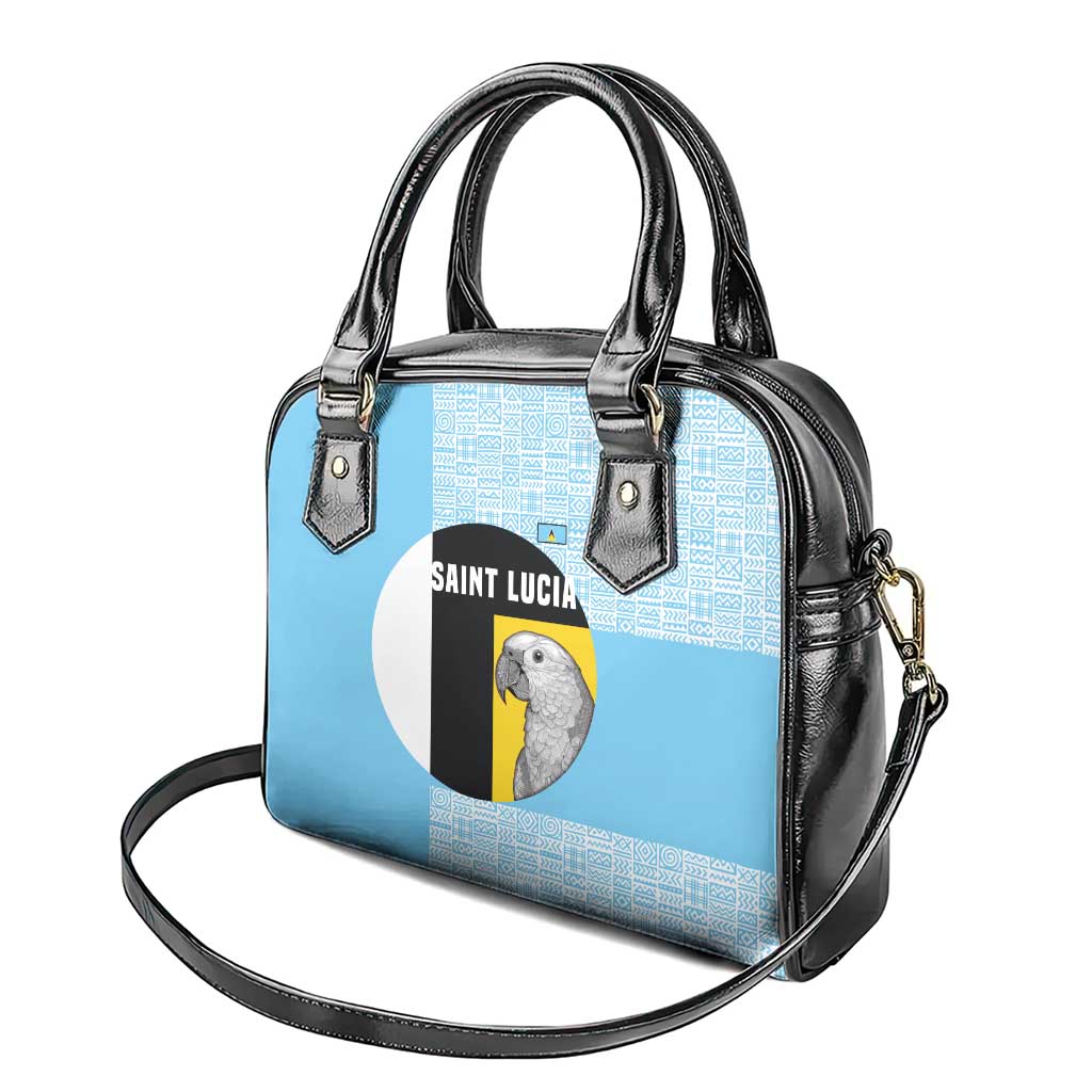 Saint Lucia Graphic Parrot Shoulder Handbag with Tribal Pattern and Minimalist Blue Black Design TS04