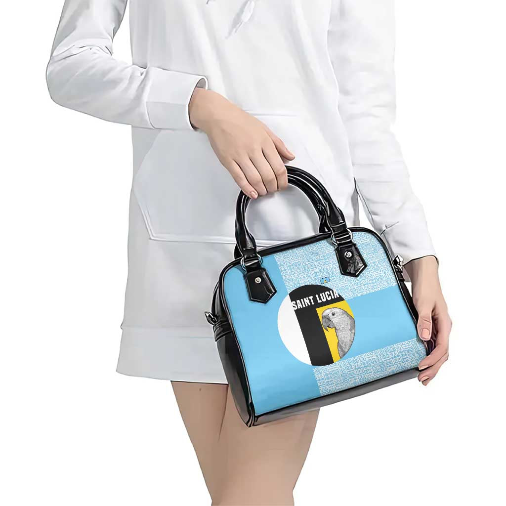 Saint Lucia Graphic Parrot Shoulder Handbag with Tribal Pattern and Minimalist Blue Black Design TS04