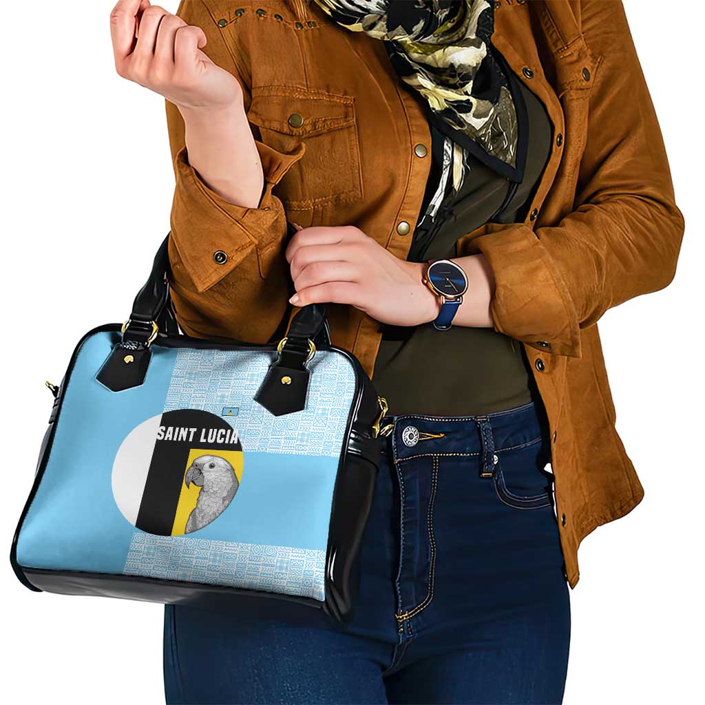 Saint Lucia Graphic Parrot Shoulder Handbag with Tribal Pattern and Minimalist Blue Black Design TS04