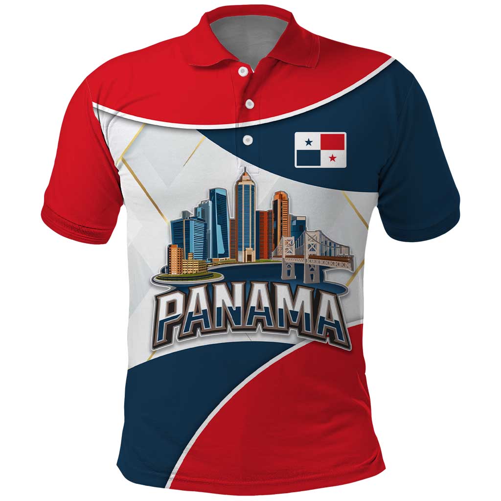 Panama City Skyline Polo Shirt with National Coat of Arms and Red Blue Flag Theme TS04