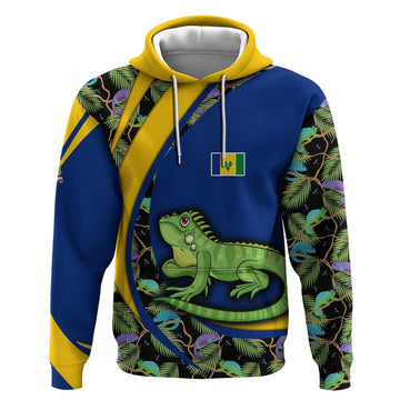 Saint Vincent and the Grenadines Iguana Hoodie with Tropical Leaf Pattern and National Flag TS04