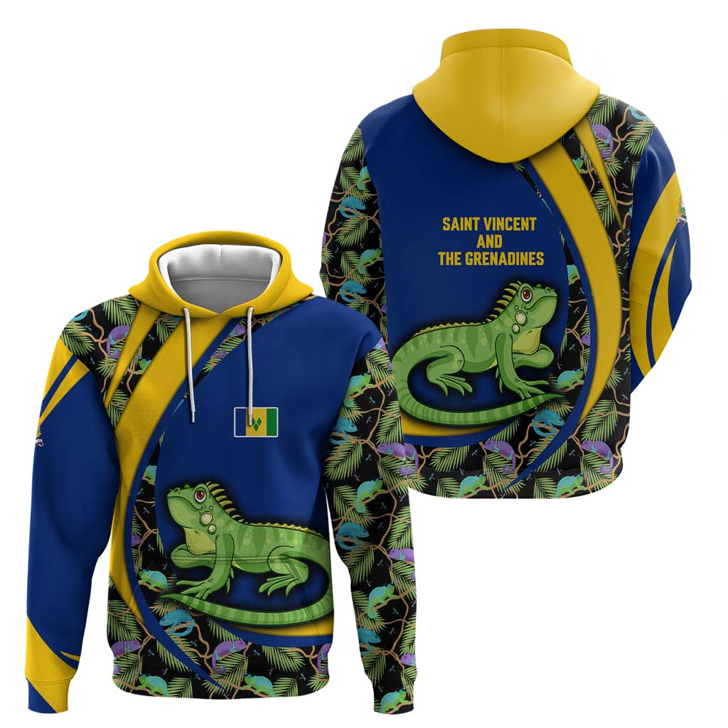 Saint Vincent and the Grenadines Iguana Hoodie with Tropical Leaf Pattern and National Flag TS04
