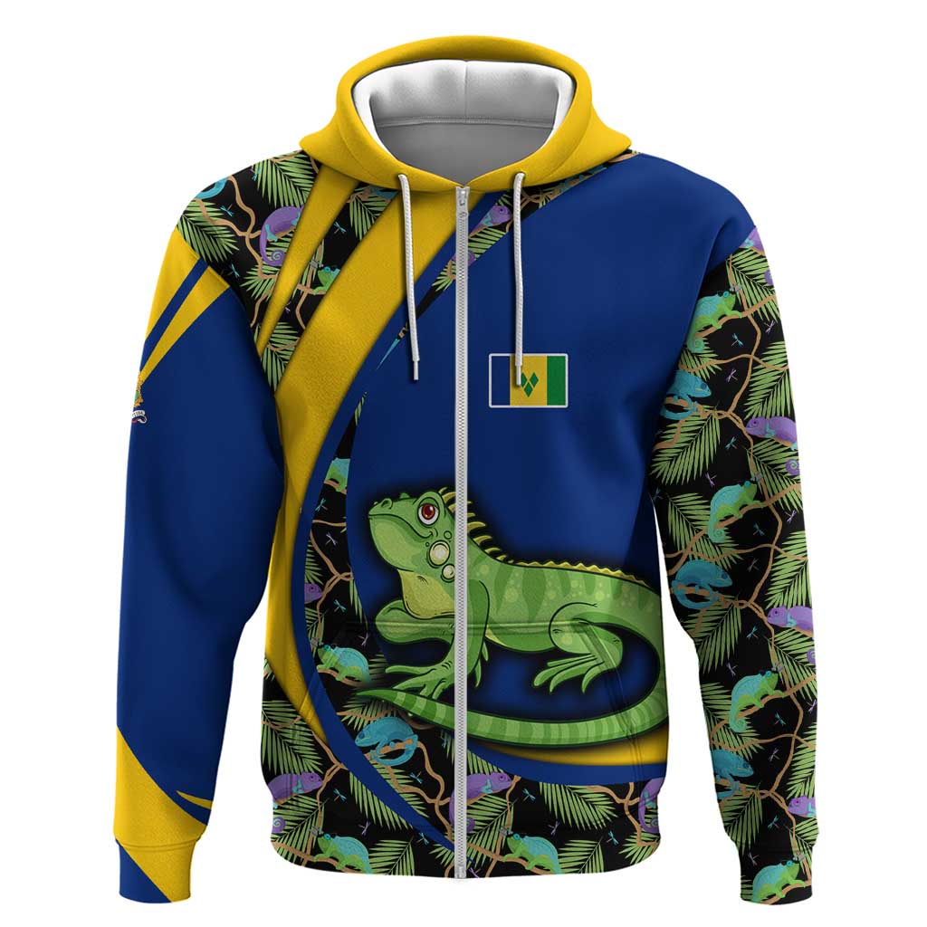 Saint Vincent and the Grenadines Iguana Hoodie with Tropical Leaf Pattern and National Flag TS04