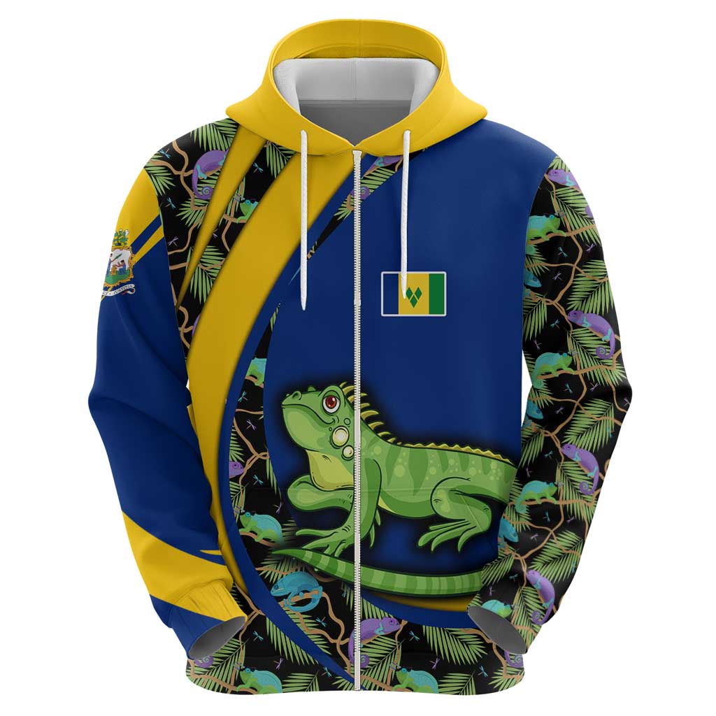 Saint Vincent and the Grenadines Iguana Hoodie with Tropical Leaf Pattern and National Flag TS04