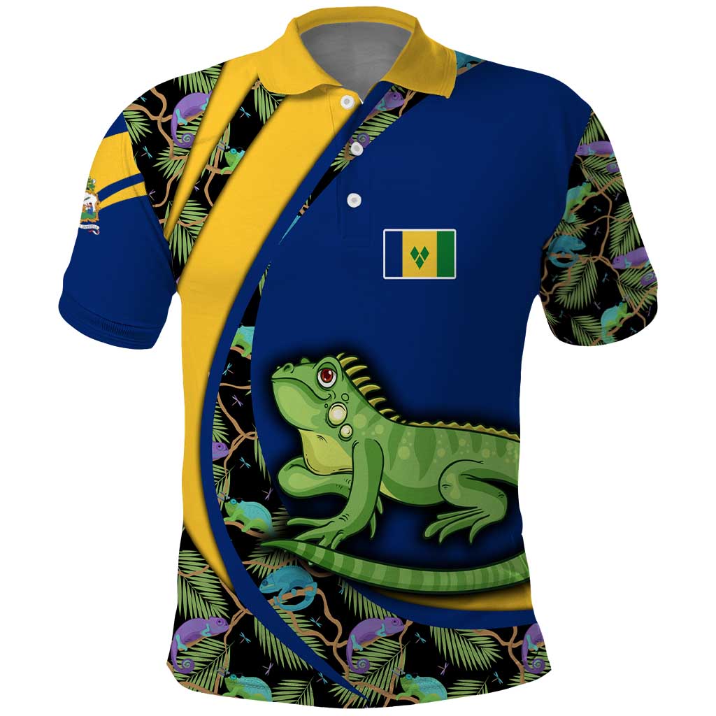Saint Vincent and the Grenadines Iguana Polo Shirt with Tropical Leaf Pattern and National Flag TS04
