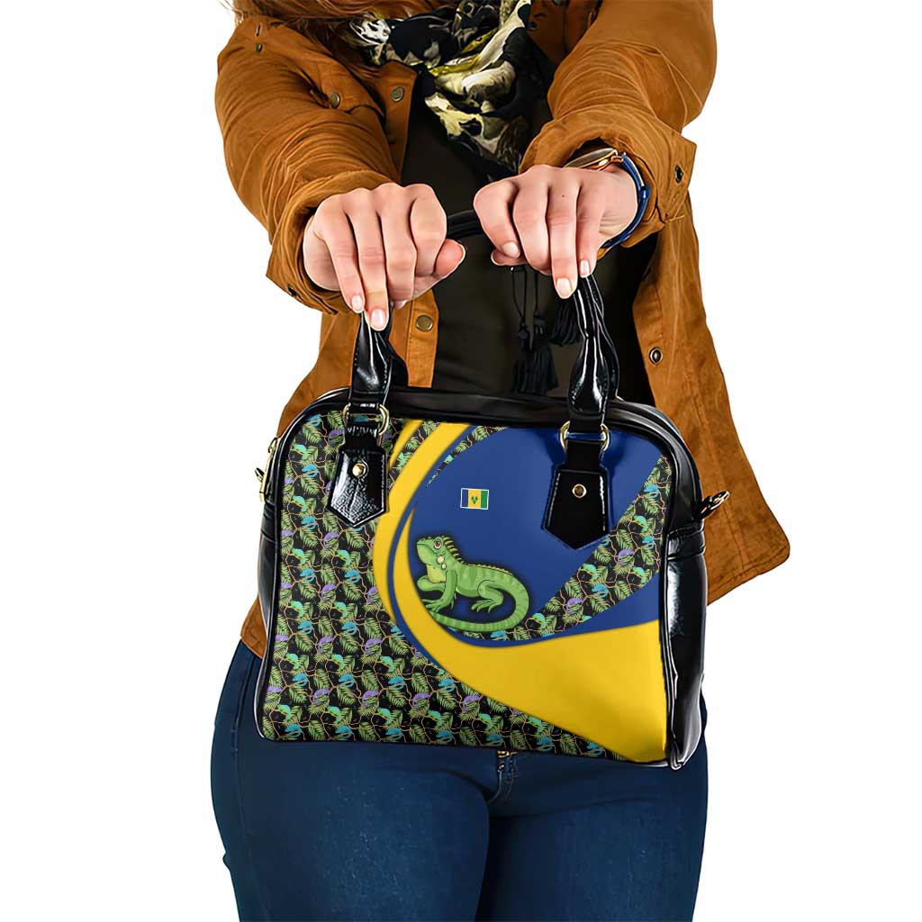 Saint Vincent and the Grenadines Iguana Shoulder Handbag with Tropical Leaf Pattern and National Flag TS04