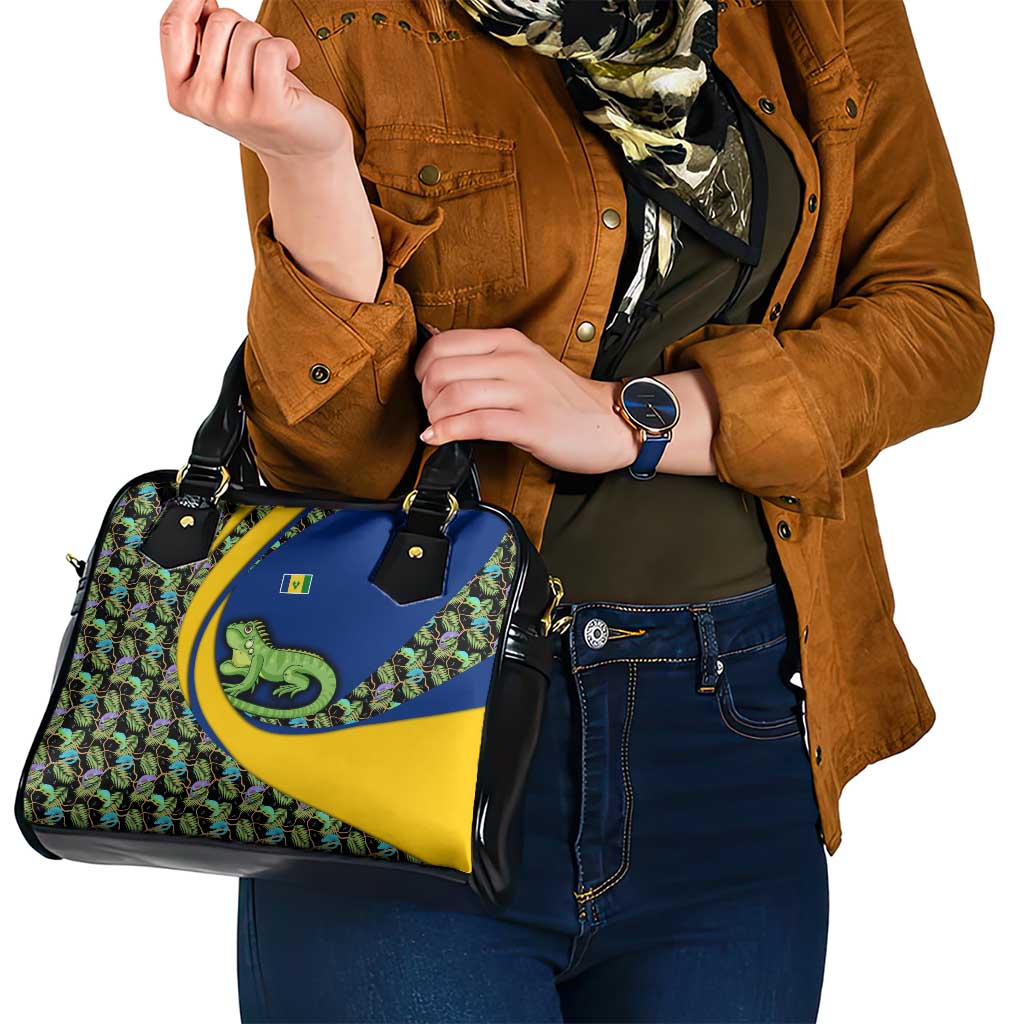 Saint Vincent and the Grenadines Iguana Shoulder Handbag with Tropical Leaf Pattern and National Flag TS04
