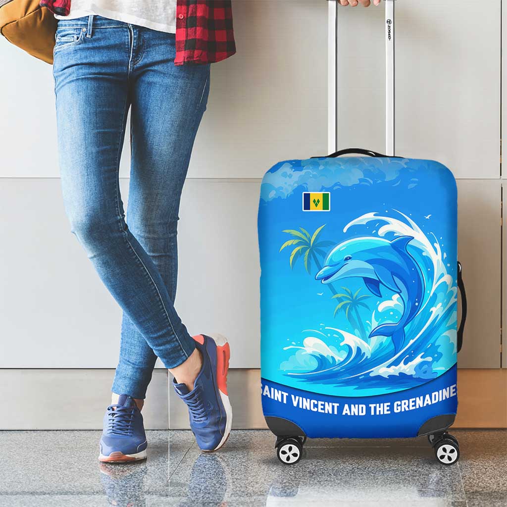 Saint Vincent and the Grenadines Dolphin Luggage Cover with Ocean Wave and Tropical Island Design TS04